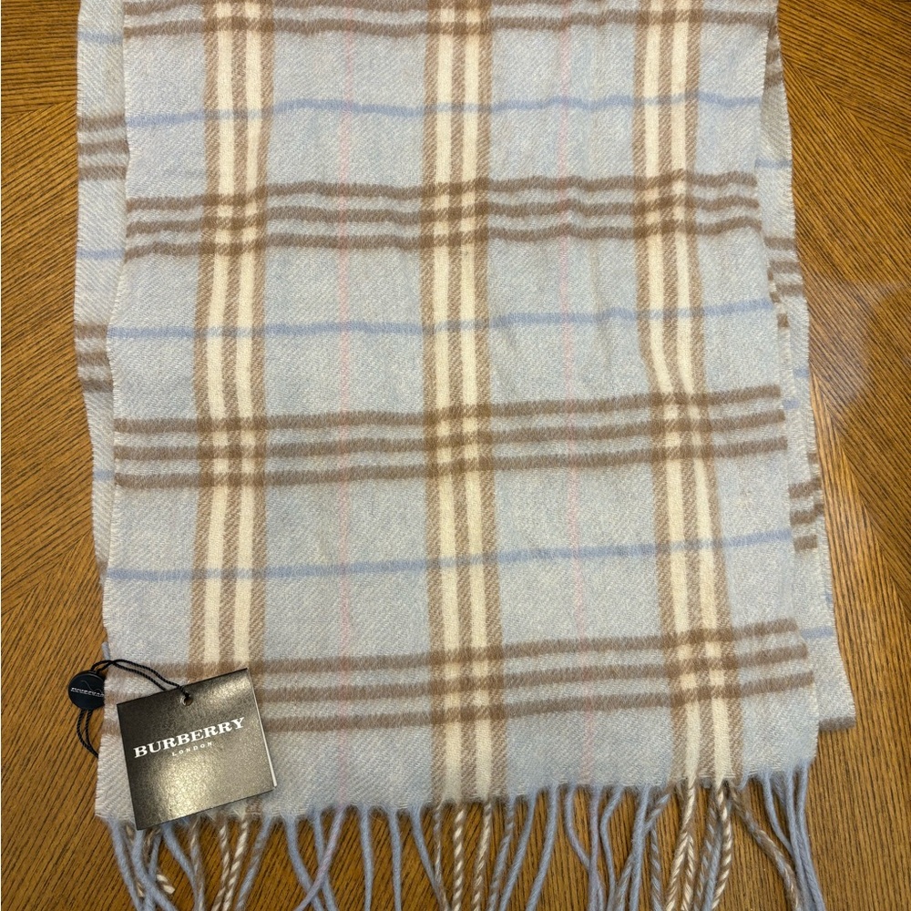 Burberry Children’s Cashmere Scarf in Light Blue, Cream, and Tan